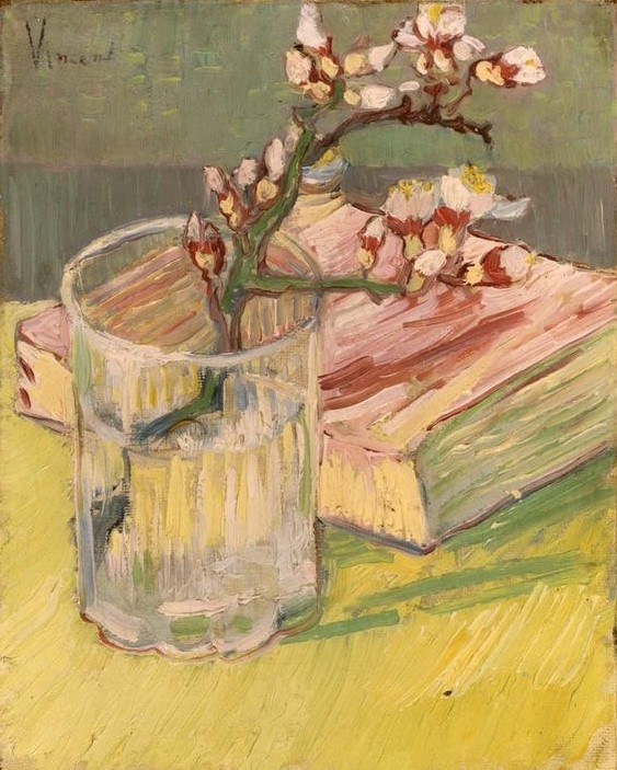 Vincent van Gogh, Nature morte, branche d'amandier (Baumblüte,Botanik,Buch,Glas,Jahreszeiten,Kunst,Mandel (Botanik),Impressionismus,Frühling,Stillleben,Vase,Niederländische Kunst,Holländische Kunst,Mandelblüte,Blüte,Zweig,Trinkglas,Mandelbaum,Postimpressionismus)