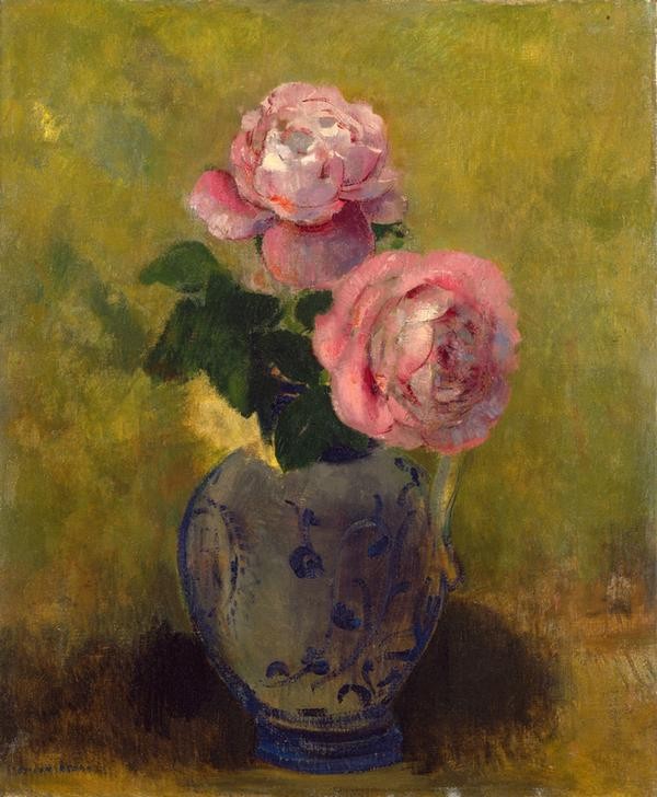 Odilon Redon, Vase de roses sur fond vert (Kunst,Rose,Symbolismus,Stillleben,Blumenstrauss,Vase,Französische Kunst,Naturalismus,Blume)