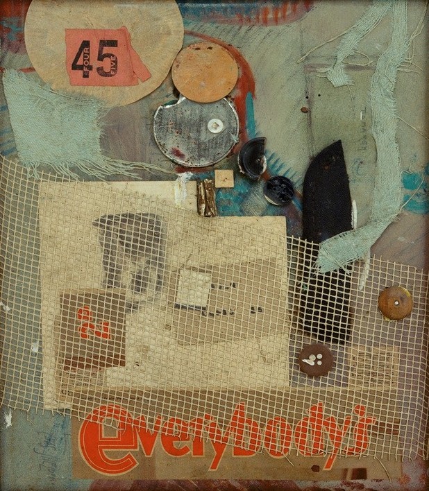 Kurt Schwitters, Ohne Titel (Everybody's) (Klassische Moderne, Malerei, Abstrakt, Collage, Gewebe, Metallteile, Fetzen,   geometrische Formen, Papierschnipsel, Dadaismus, Wohnzimmer, Treppenhaus, Wunschgröße,  bunt)