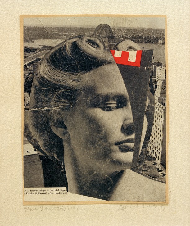 Kurt Schwitters, left half of a beauty (Klassische Moderne, Fotokunst,  Collage, Zeitung, Frau, Portrait, Papierschnipsel, Dadaismus, Wohnzimmer, Treppenhaus, Wunschgröße, schwarz/weiß)