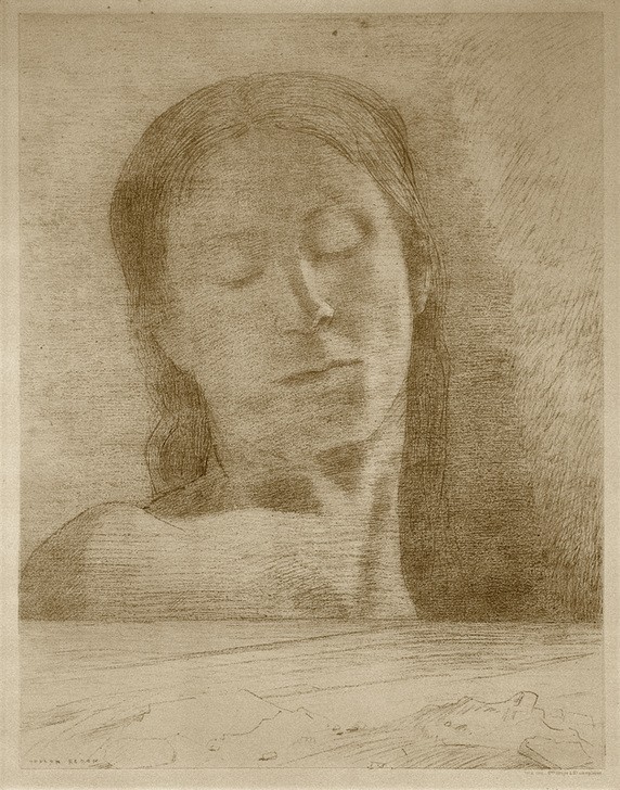 Odilon Redon, Les yeux clos (Frau,Kunst,Mensch,Symbolismus,Portrait,Melancholie,Augen,Französische Kunst,Kontemplation,Kopf,Geschlossene Augen,Schlafen (Schlaf))