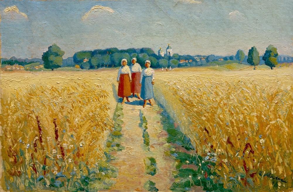 Kasimir Malewitsch, Drei Frauen auf einem Weg (Kunst,Landschaft,Spaziergang,Volkskunde,Bäuerin,Russische Kunst,Feldweg,Fussgänger,Landleben,Getreidefeld,Frauenleben,Ukrainische Kunst,Fussgängerin)