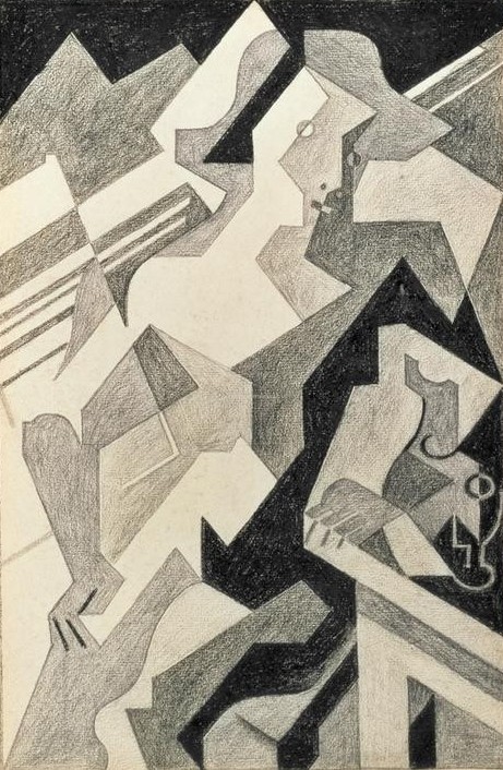 Juan Gris, Harlekin am Tisch (Commedia Dell'arte, Rollenbild, Schauspieler, Clown, Harlekin, Tisch, Glas, Theater,  Kubismus, Klassische Moderne, Wohnzimmer,  Wunschgröße , schwarz/weiß)