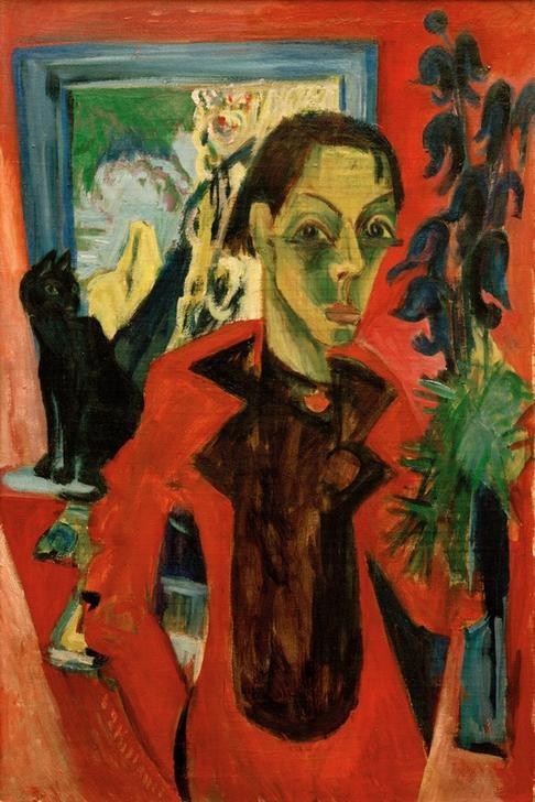 Ernst Ludwig Kirchner, Selbstporträt mit Katze (Deutsche Kunst,Katze (Tier),Künstler,Kunst,Maler (Künstler),Mann,Selbstbildnis,Portrait,Expressionismus,Die Brücke,Haustier,Halbfigur,Person,Mensch Und Tier)