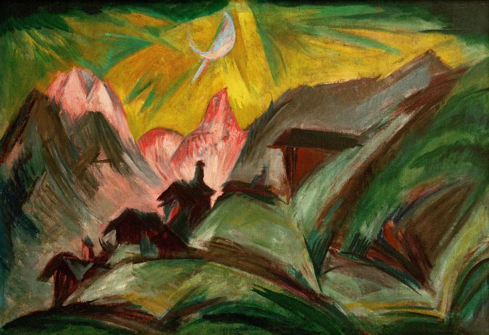 Ernst Ludwig Kirchner, Stafelalp bei Mondschein (Deutsche Kunst,Gebirge,Kunst,Landschaft,Mond,Nacht,Expressionismus,Die Brücke)