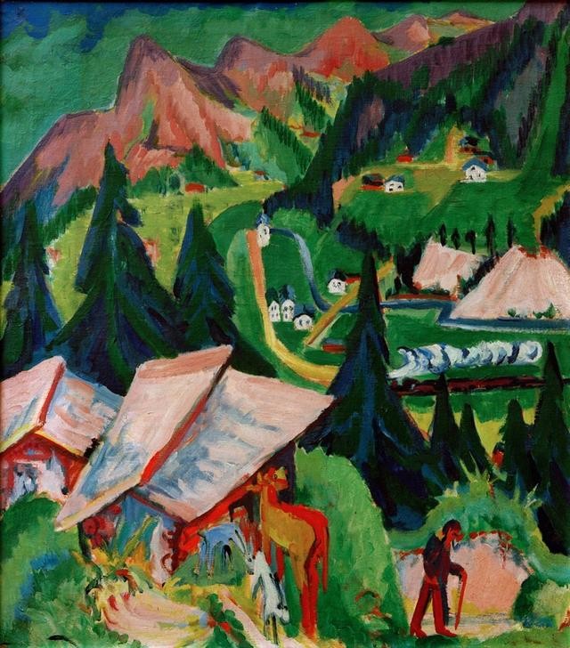 Ernst Ludwig Kirchner, Der Junkerboden von der Stafel aus (Deutsche Kunst,Dorf,Gebirge,Kunst,Landschaft,Expressionismus,Die Brücke)
