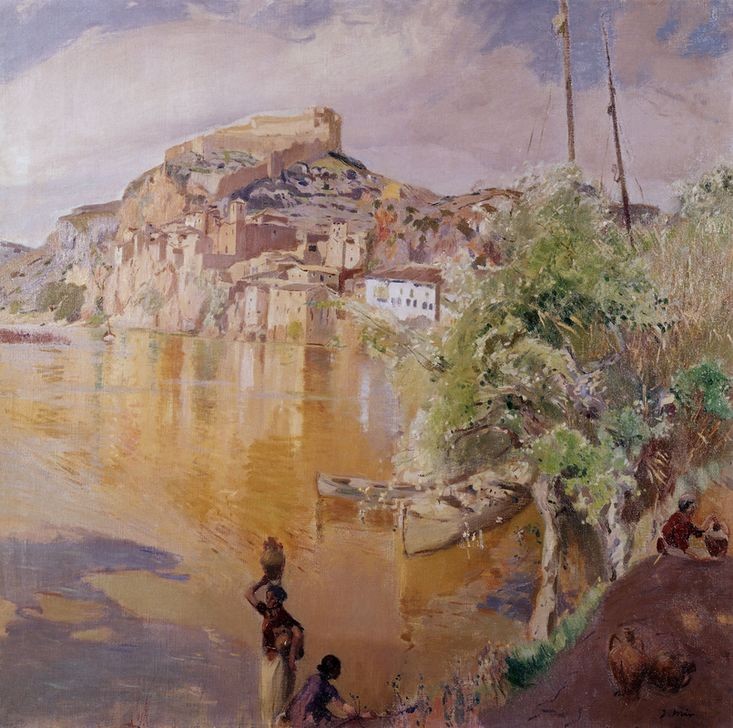 Joaquim Mir, Ebro Fantasie (Frau, Krug, Wasserträgerin, Landschaft, Fluss, Spanien, Ebro, Boot, Post-Modernisme, Malerei, Klassische Moderne, Wunschgröße, Wohnzimmer, Treppenhaus, bunt)