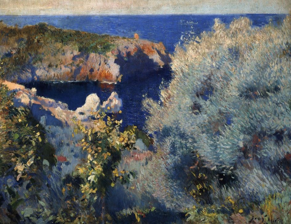 Joaquim Mir, Mallorquinische Landschaft (Mallorca, Küste, Landschaft, Klippen, Küste, Meer, Steilküste, Panorama, Post-Modernisme, Malerei, Klassische Moderne, Wunschgröße, Wohnzimmer, Treppenhaus, bunt)