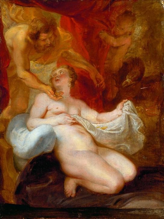 Peter Paul Rubens, Jupiter und Danae (Arbeit,Flämische Kunst,Frau,Geld,Gold,Kunst,Liebespaar,Mythologie,Regen,Szene,Barock,Akt,Putto,Götterliebschaften,Niederländische Kunst,Genius,Erotische Kunst,Gott,Goldregen (Mythologie),Privatsammlung,Griechisch-Römische Mythologie)