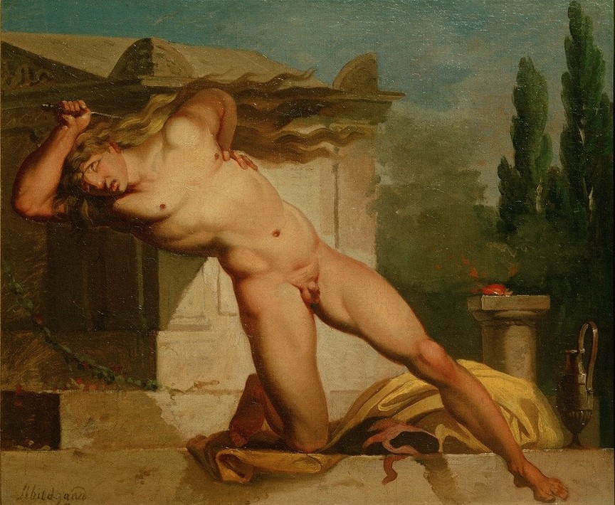 Nicolai Abraham Abildgaard, Adrastos tötet sich am Grabe von Atys (Grab,Kunst,Mann,Mythologie,Selbstmord,Klassizismus,Akt,Dänische Kunst,Verzweiflung,Griechisch-Römische Mythologie)