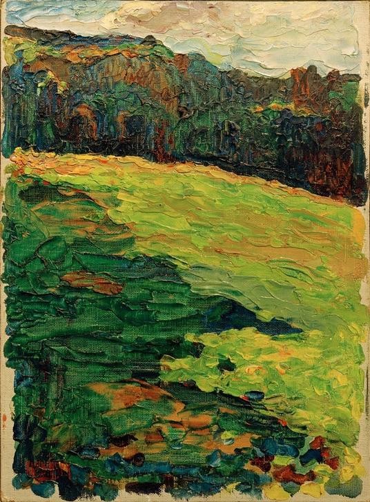 Wassily Kandinsky, Kochel – Bergwiese vor Waldrand (Landschaft, Landschaftsmalerei, Wald, Wälder, Bergwiese, Russische Kunst, Expressionismus, Wohnzimmer, Treppenhaus, Wunschgröße, Klassische Moderne, bunt)