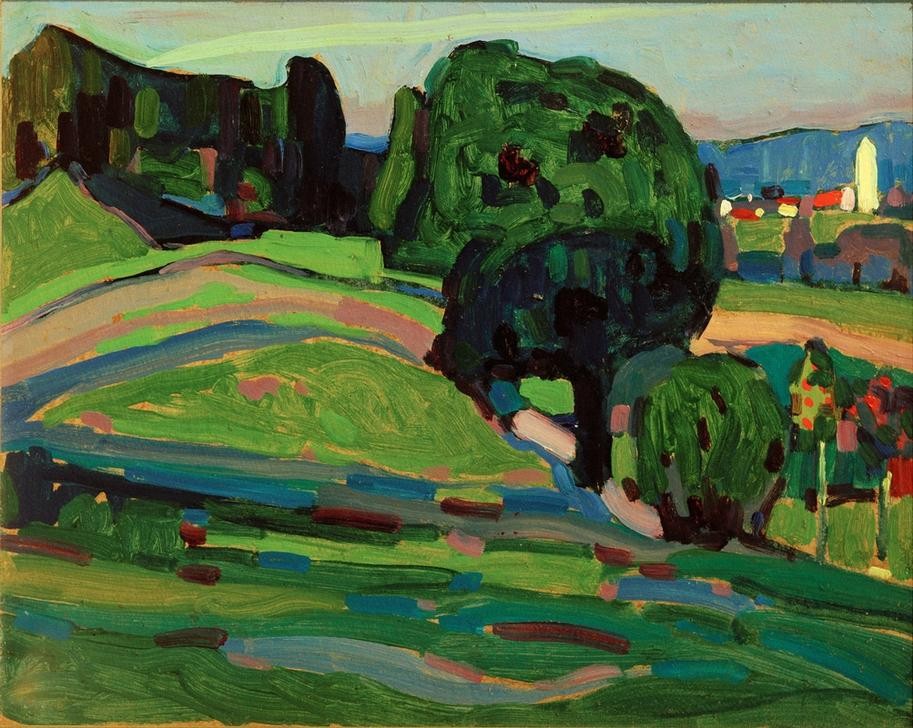 Wassily Kandinsky, Landschaft bei Murnau (Landschaft, Landschaftsmalerei, Bäume, Dorf, Bergwiese, Russische Kunst, Expressionismus, Wohnzimmer, Treppenhaus, Wunschgröße, Klassische Moderne, bunt)