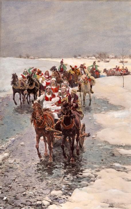 nach Alfred von Kowalski-Wierusz, Die Brautfahrt (Bauer (Landwirt),Familienfeste,Feste,Gesellschaftliches Leben,Hochzeit,Jahreszeiten,Kutsche,Pferd (Tier),Pferdewagen,Tracht,Volkskunde,Winter,Schnee,Polnische Kunst,Landleben,Kleidung (Allgemein),Hochzeitszug,Landbevölkerung,Land Und Leute,Feier)