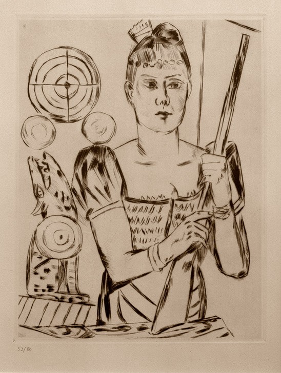 Max Beckmann, Schießbude (Kirmes, Jahrmarkt, Schießbude, Gewehr, junge Frau, Genre, Schausteller, Zeichnung, Grafik, Expressionismus, Klassische Moderne, Wunschgröße, Wohnzimmer, schwarz/weiß)