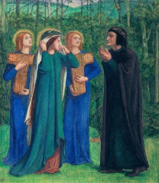 Dante Gabriel Rossetti, The Meeting of Dante and Beatrice in Paradise (Literatur,Szene,Schleier,Paradies,Präraffaeliten,Englische Kunst,Epos,Person)
