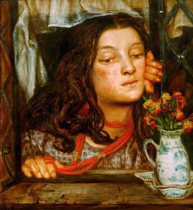 Dante Gabriel Rossetti, Girl at a lattice (Fenster,Frau,Kanne,Kette (Schmuck),Mädchen,Mensch,Portrait,Halskette,Präraffaeliten,Neugier,Blumenstrauss,Englische Kunst,Junge Frau,Brustbild,Fenstergitter,Aus Dem Fenster Sehen)