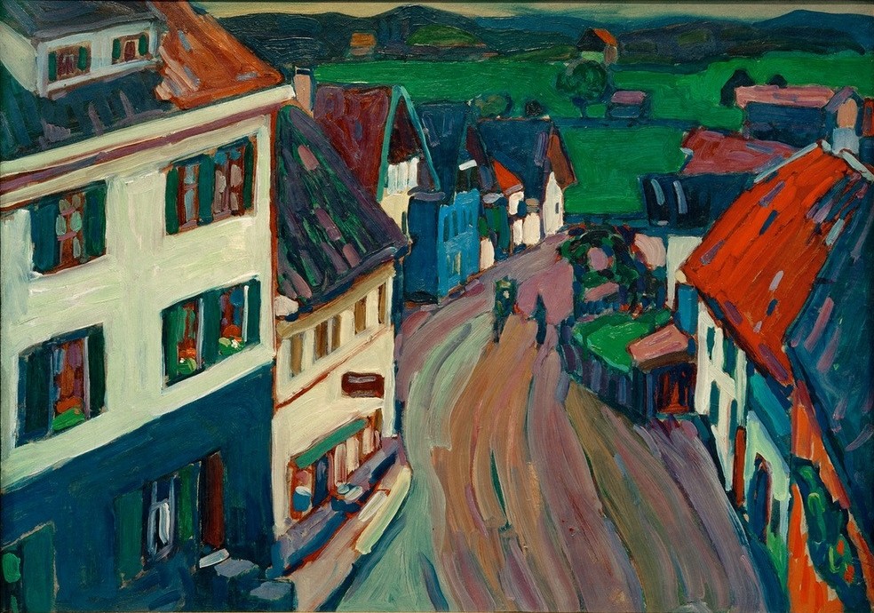 Wassily Kandinsky, Murnau – Blick aus dem Fenster des Griesbräu (Stadt, Häuser, Gebäude, Vogelperspektive, Straße, Kunst, Expressionismus, Wohnzimmer, Treppenhaus, Wunschgröße, Klassische Moderne, bunt)