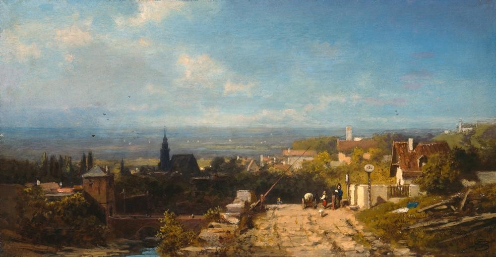 Carl Spitzweg, Vor der Stadt (Deutsche Kunst,Kunst,Landstrasse,Landschaft,Stadt,Zoll,Kleinstadt,Zollhaus,Stadtansicht,Zollschranke,Privatsammlung)