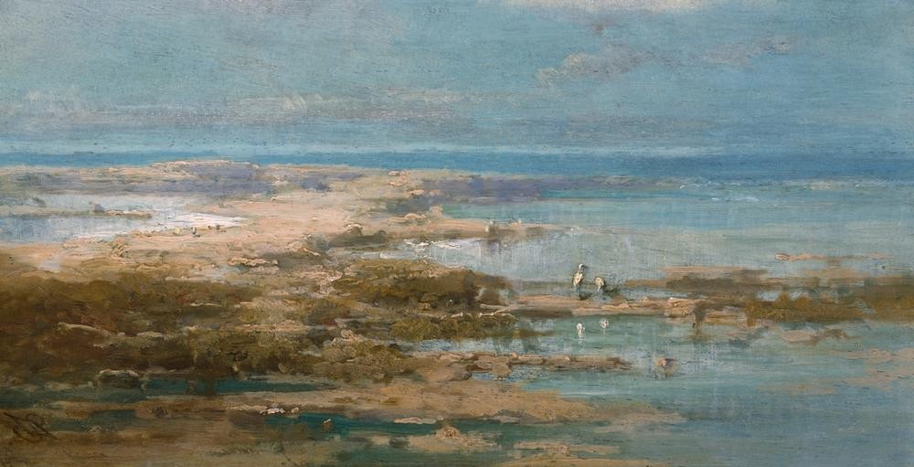 Carl Spitzweg, Nillandschaft mit Störchen (Deutsche Kunst,Kunst,Storch,Vogel,Fluss,Tier,Privatsammlung,Wasservogel)