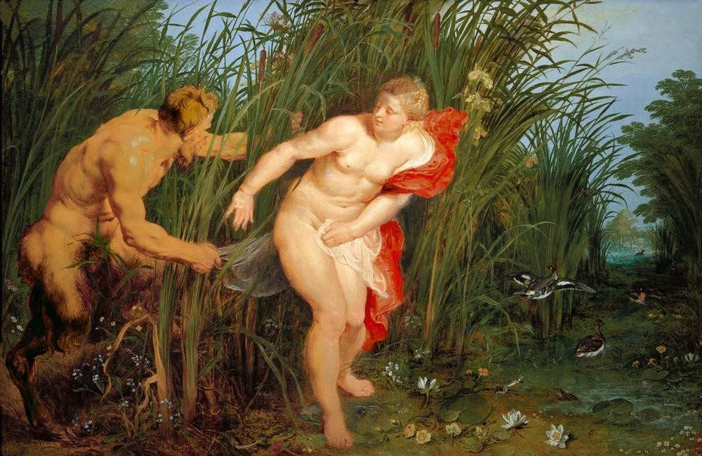 Peter Paul Rubens, Pan und Syrinx (Erotik,Flämische Kunst,Frau,Kunst,Landschaft,Liebe,Mythologie,Nymphe,Barock,Akt,Fabelwesen,Libido,Ente,Götterliebschaften,Seerose,Niederländische Kunst,Schilf,Erotische Kunst,Sexualität,Griechisch-Römische Mythologie)