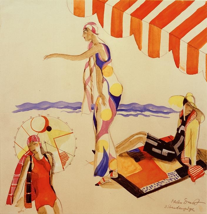 Helen Ernst, Strandkleidung um 1928 (Bademode,Damenhut,Damenmode,Deutsche Kunst,Jahreszeiten,Kunst,Modell,Mode,Freizeit,Seebad,Strand,Hut,Frauenkunst,Reise,Entwurf,Kleid,Sonnenhut,Badeanzug,Markise,Modezeichnung,Strandkleid,Strand- Und Bademode,Freizeitmode)