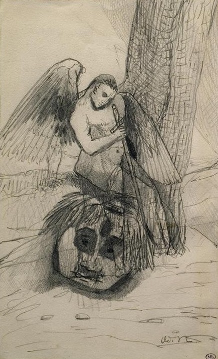 Odilon Redon, Geflügelte männliche Figur neben einem Baum sitzend, und ein abgeschlagener Kopf (Engel,Enthaupten,Kunst,Mann,Symbolismus,Französische Kunst,Kopf,Sitzen,Flügel (Schwinge))