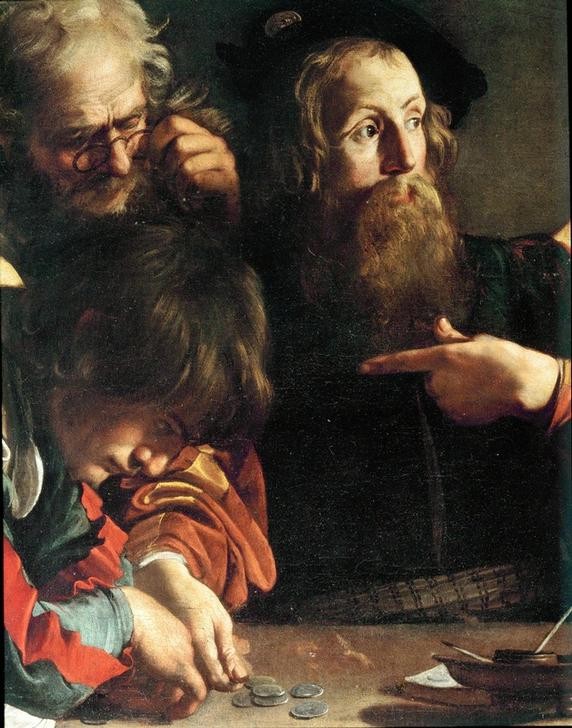 Caravaggio, Berufung des hl. Matthäus (Zöllner, Zollhaus, Geld, Männer, Apostel, Jünger, Detail, Barock, hell-dunkel, Klassiker, Malerei, Wunschgröße, Wohnzimmer)