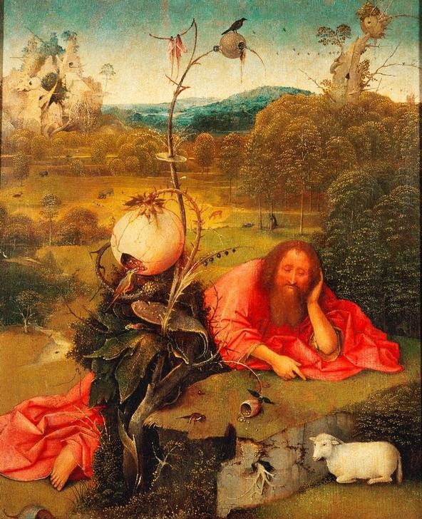 Hieronymus Bosch, Johannes der Täufer in der Wüste (Christentum,Kunst,Landschaft,Religion,Renaissance,Neues Testament,Bibel,Eremit,Schaf,Phantastische Kunst,Niederländische Kunst,Barfuss,Lamm Gottes,Meditation,Kontemplation,Naturverbundenheit)
