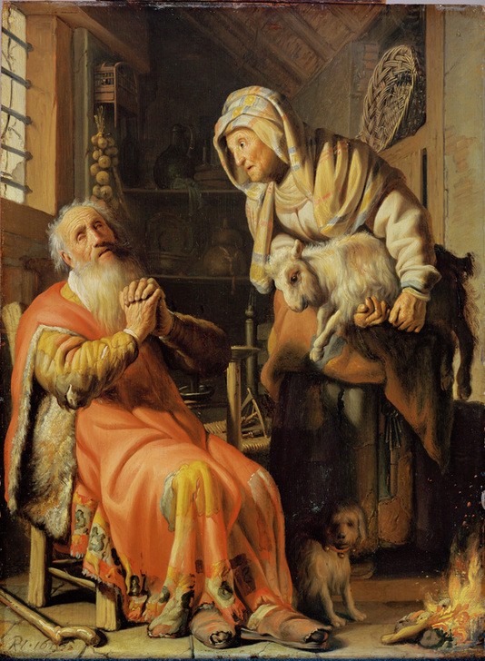 Rembrandt Harmenszoon van Rijn, Der alte Tobias und seine Frau Hanna mit den Ziegenböckchen (Ehepaar,Knoblauch (Pflanze),Kunst,Alter,Ziege,Barock,Hund,Altes Testament,Bibel,Blindheit,Misstrauen,Genre,Niederländische Kunst,Holländische Kunst,Haustier,Verzweiflung,Händeringen,Tier,Alter Mann,Alte Frau,Gefühl (Stimmung),Erblindung Des Tobias,Ziegenb)