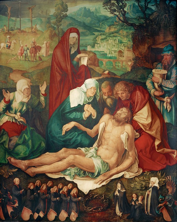 Albrecht Dürer, Holzschuhersche Beweinung (Christentum,Deutsche Kunst,Kunst,Religion,Renaissance,Neues Testament,Bibel,Totenklage,Stifterbildnis,Christi Beweinung,Pieta,Passion Christi,Stifter,Wappen)