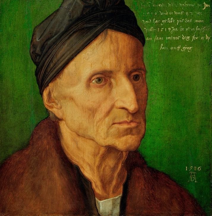 Albrecht Dürer, Bildnis des Nürnberger Malers Michael Wolgemut (Deutsche Kunst,Kunst,Mann,Pelz,Renaissance,Portrait,Pelzkragen,Alter Mann,Person)