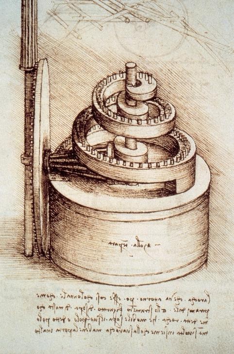 Leonardo da Vinci, Triebfeder einer Uhr (Technik, Erfindung, Notizen, Handschrift, Spiegelschrift, Klassiker, Technische Zeichnung, Mechanik, Uhr,  Treppenhaus, Wohnzimmer, Wunschgröße)