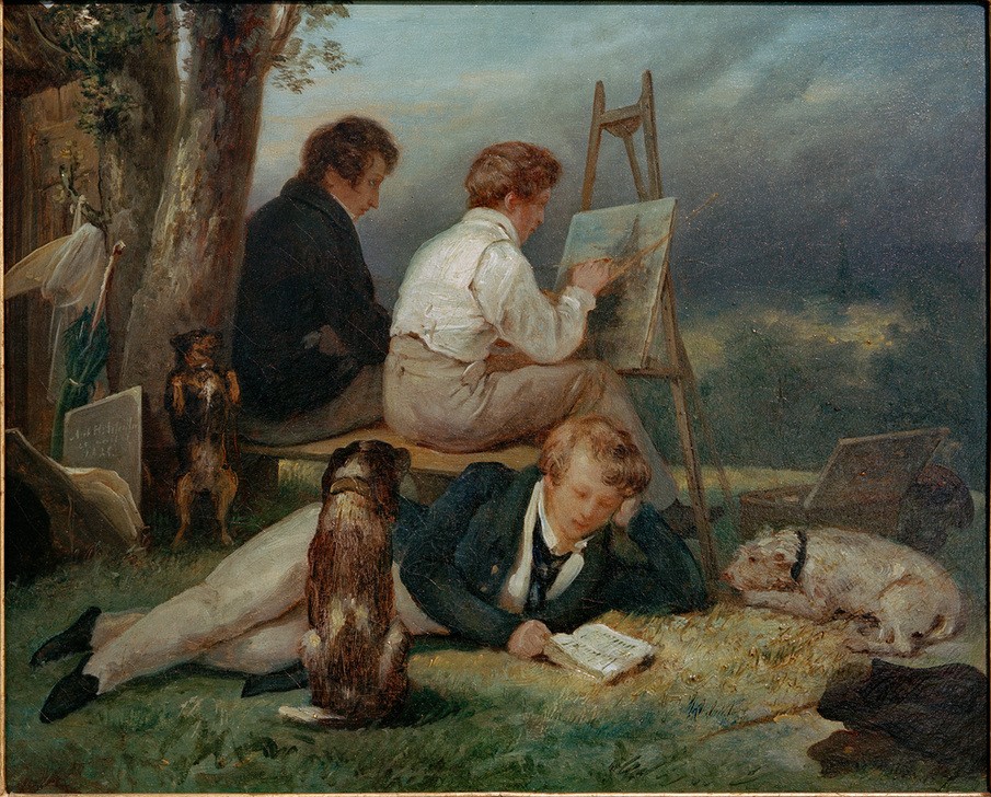 Ary Scheffer, Die drei Brüder Scheffer in einer Landschaft  (Brüder, Künstler, Staffelei, Landschaftsmalerei, Hunde, Klassiker, Romantik, Wunschgröße, Wohnzimmer)