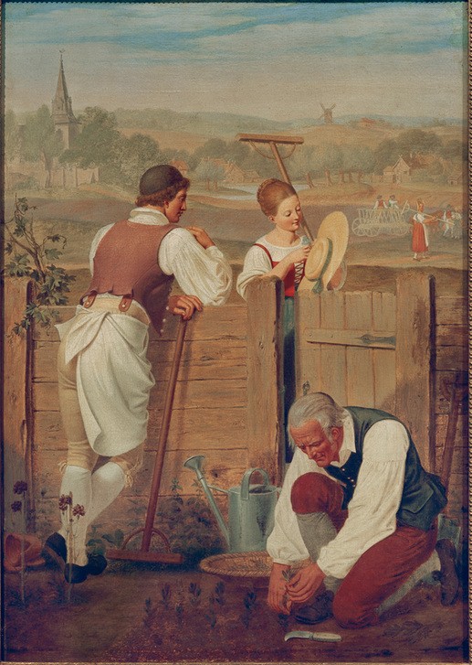 Heinrich Anton Dähling, Am Gartenzaun (Gesellschaft, Gartenarbeit, Handwerk, Gärtnerei, Zaun, Gespräch, Genremalerei, Klassizismus,Wohnzimmer, Klassiker, Wunschgröße, Wohnzimmer,)