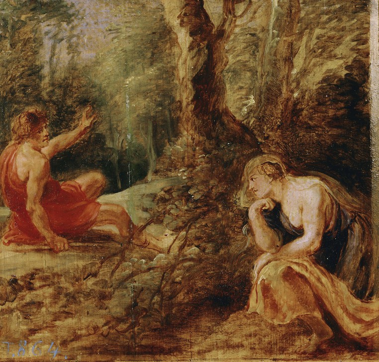 Peter Paul Rubens, Cephalus und Procris (Eifersucht,Flämische Kunst,Jäger,Jagd,Kunst,Mythologie,Tod,Wald,Barock,Metamorphose,Jagdunfall,Bozzetto,Niederländische Kunst,Versteck,Griechisch-Römische Mythologie,Belauschen)