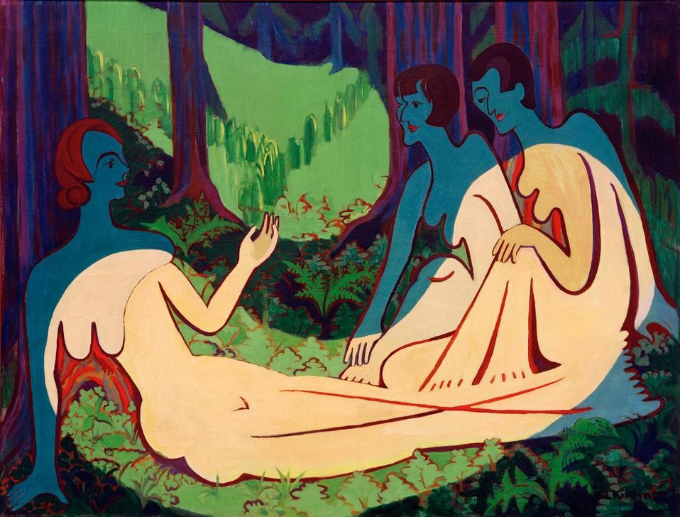 Ernst Ludwig Kirchner, Akte im Wald (große Fassung) (Deutsche Kunst,Frau,Gruppenbild,Kunst,Akt,Gestik,Expressionismus,Die Brücke,Im Freien (Allgemein),Unterhaltung (Gespräch))