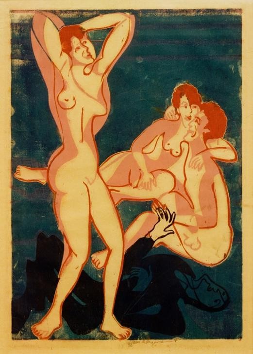 Ernst Ludwig Kirchner, Drei Akte und liegener Mann (Deutsche Kunst,Frau,Gruppenbild,Kunst,Mann,Akt,Expressionismus,Die Brücke,Ganzfigurig)