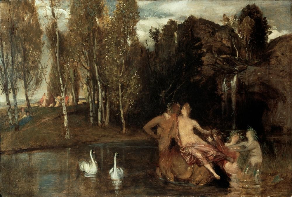 Arnold Böcklin, Die Gefilde der Seligen (Landschaft, Inseln der Seligen, Elysium, Glückseligkeit, Schwäne, Kentaur, Geliebte, Jenseits, Symbolismus, Wunschgröße, Klassiker, Wohnzimmer, bunt)