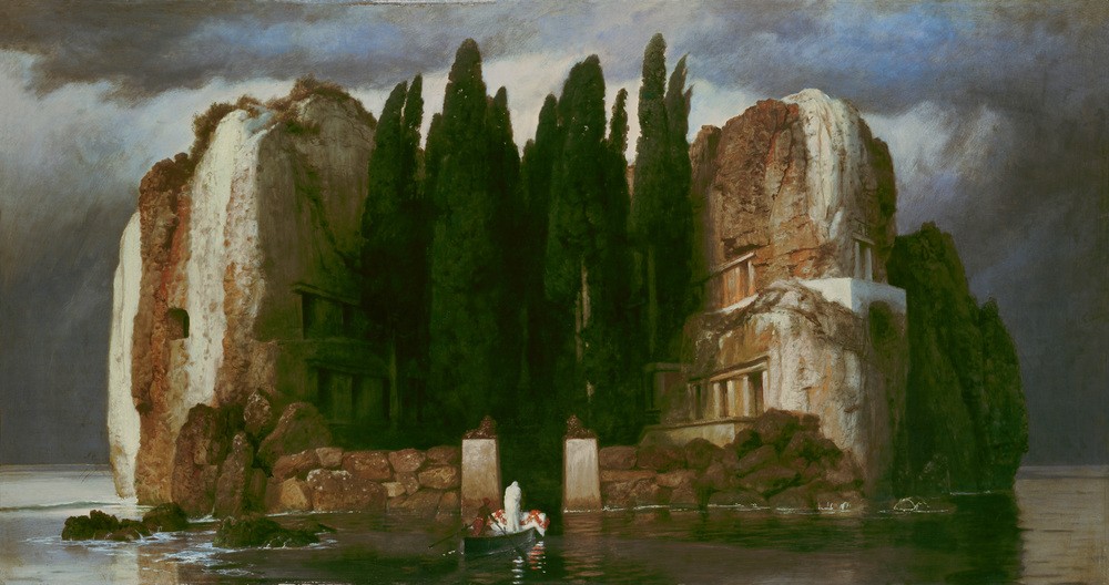 Arnold Böcklin, Die Toteninsel (Friedhof, Nekropole, Tod, Leichentransport, Totenreich, Jenseitsvorstellungen, Toteninsel, Fähre, Fährmann, Felsen, Zypressen, mystisch, düster, Symbolismus, Wunschgröße, Klassiker, Wohnzimmer, bunt)