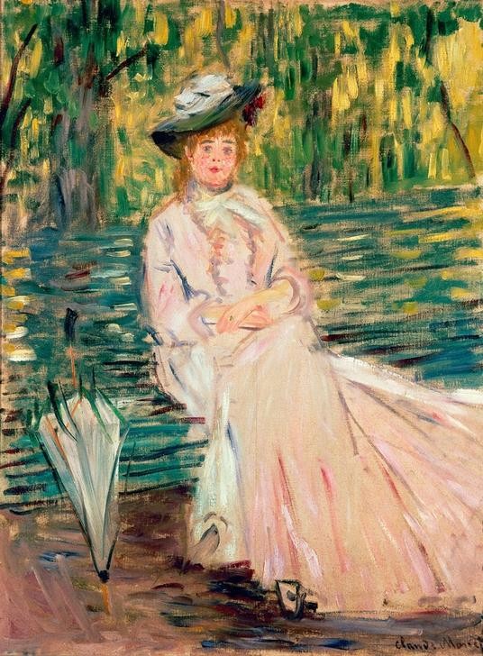 Claude Monet, Femme assise sur un banc (Damenhut,Damenmode,Frau,Kunst,Menschen Im Park,Mensch,Mode,Bank (Sitzgelegenheit),Impressionismus,Portrait,Sonnenschirm,Französische Kunst,Im Freien (Allgemein),Menschen Im Garten,Kleidung (Allgemein),Kopf,Sitzen,Ganzfigurig)
