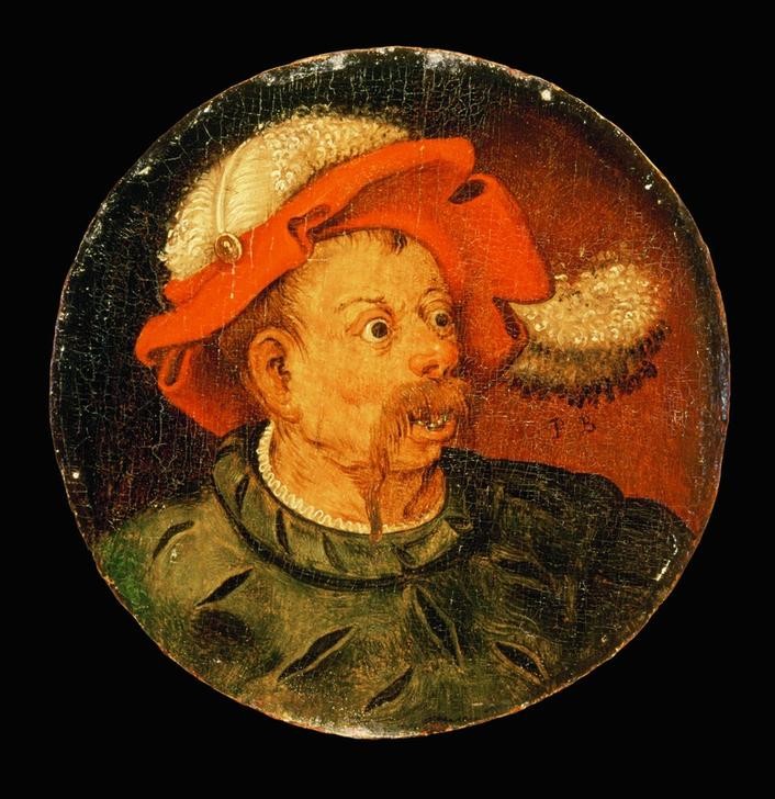Pieter Brueghel der Ältere, Kopf eines Landsknechts (Kopfbedeckung,Kunst,Landsknecht,Mann,Militär,Soldat,Bart,Portrait,Tondo,Niederländische Kunst,Söldner,Gefühl (Stimmung),Hutfeder,Zorn)