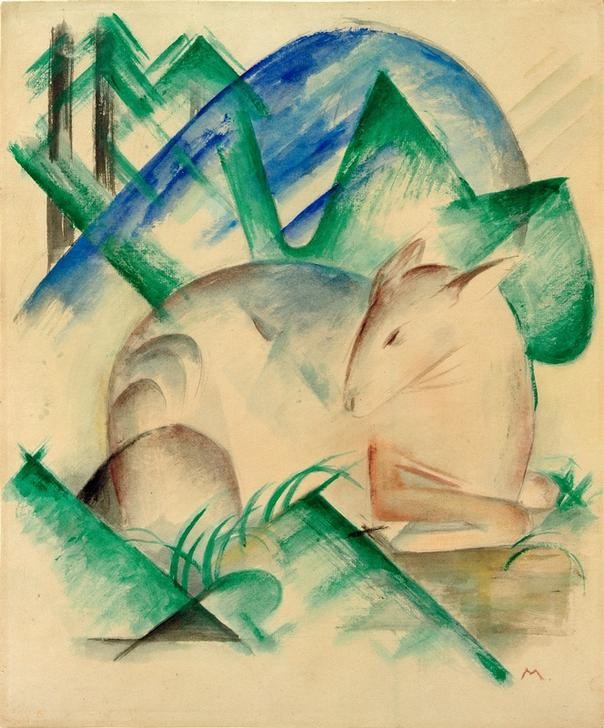 Franz Marc, Rotes Reh (Schlafendes Reh) (Deutsche Kunst,Kunst,Zoologie,Wald,Expressionismus,Der Blaue Reiter,Reh,Rotwild,Tier,Monogramm,Wild)