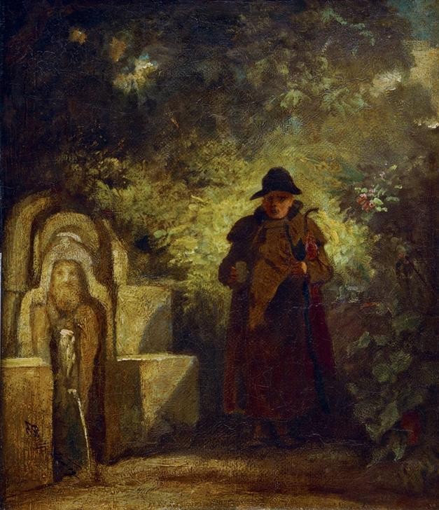 Carl Spitzweg, Der Brunnengast (Deutsche Kunst,Kur,Kunst,Mann,Medizin,Mineralwasser,Mineralbrunnen,Wasser,Brunnen,Biedermeier,Trinken,Quelle,Genre,Urologie,Trinkkur,Alter Mann,Gerontologie,Männerleben,Kurbad,Mineralquelle)