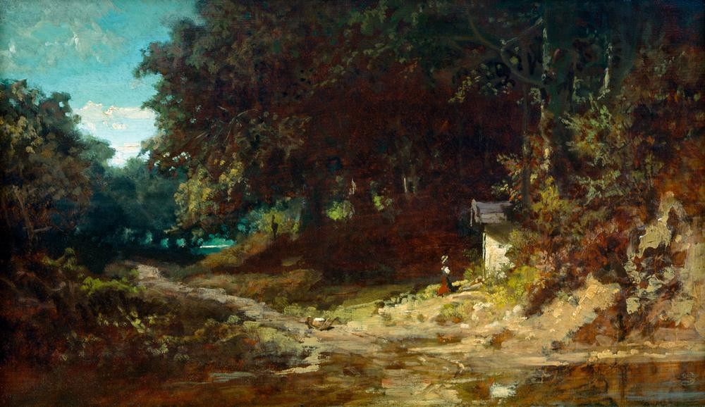 Carl Spitzweg, Betendes Mädchen vor einer Waldkapelle (Bildstock,Christentum,Deutsche Kunst,Gebet,Kunst,Landschaft,Mädchen,Wald,Laubwald,Biedermeier,Genre,Landleben,Frömmigkeit,Knien,Naturverbundenheit,Kapelle (Kirche))