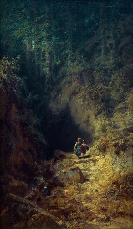 Carl Spitzweg, Schulkinder im Wald (Deutsche Kunst,Dorfkind,Geschwister,Kind,Kunst,Landschaft,Mädchen,Pädagogik,Schulweg,Wald,Nadelwald,Biedermeier,Schüler,Fussweg,Genre,Heile Welt,Knabe,Harmonie,Landleben,Kinderleben,Schulkind,Schülerin,Waldweg,Naturverbundenheit,Arm In Arm,Hohlweg,Land Un)