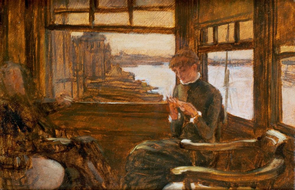 James Tissot (Jacques-Joseph), The depature (Abschied (Verabschieden),Boot,Brief,Fenster,Frau,Geschichte,Hafen,Kunst,Freizeit,Schiff,Seereise,Szene,Impressionismus,Lesen (Allgemein),Reise,Französische Kunst,Englische Kunst,Warten,Frauenleben,Alleinreisende Frau,Leserin,Sitzen,Privatsammlung,Touristi)