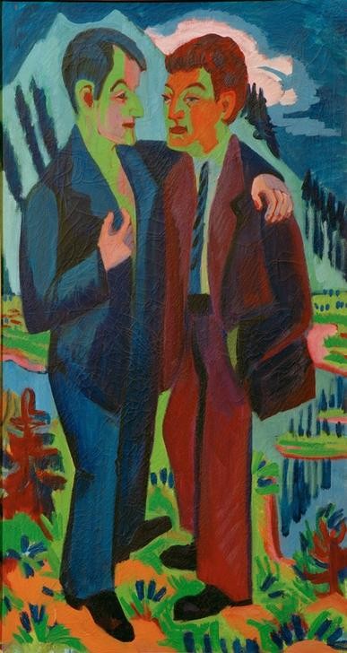 Ernst Ludwig Kirchner, Die Freunde (Deutsche Kunst,Freundschaft (Allgemein),Gesellschaftliches Leben,Gesellschaft,Kunst,Landschaft,Anzug,Expressionismus,Freund,Umarmung,Die Brücke,Männerfreundschaft,Doppelportrait)