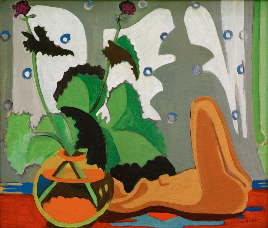 Ernst Ludwig Kirchner, Stilleben mit Plastik vor dem Fenster (Deutsche Kunst,Kunst,Stillleben,Expressionismus,Vase,Die Brücke,Blume,Abstraktion,Skulptur Im Bild)