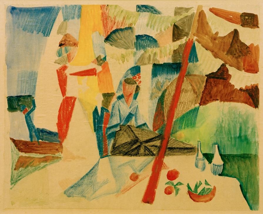 August Macke, Picknick nach dem Segeln (Deutsche Kunst,Landschaft,Picknick,Freizeit,Segeln,Expressionismus,Reise,Der Blaue Reiter,Im Freien (Allgemein),Essen Im Freien)