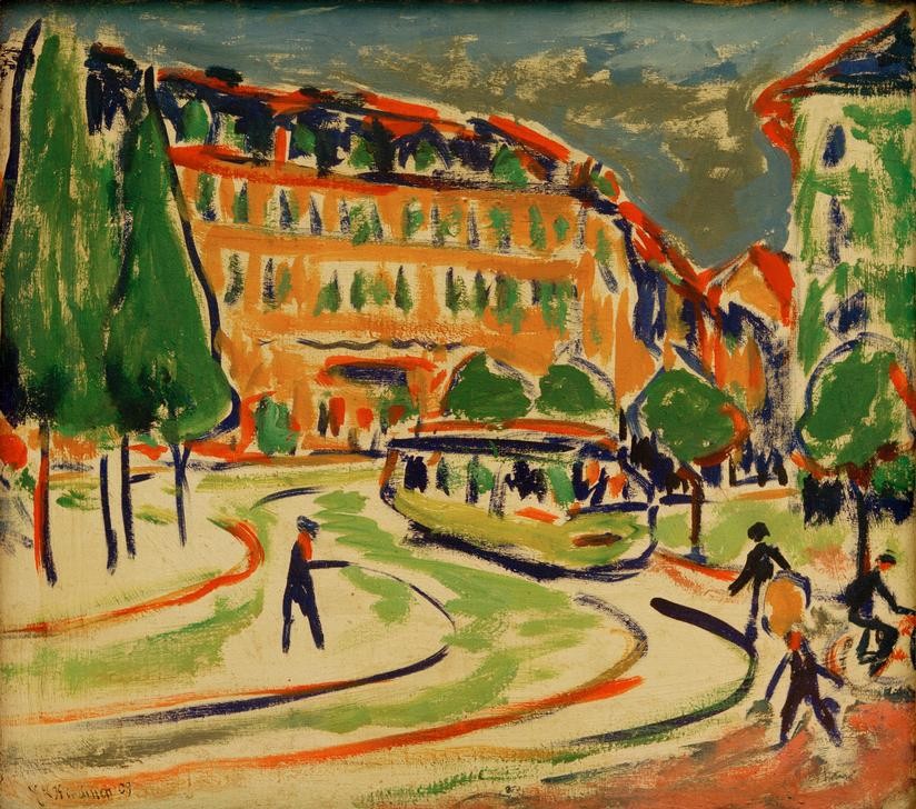 Ernst Ludwig Kirchner, Straßenbahn in Dresden (Deutsche Kunst,Kunst,Strassenbahn,Strassenszene,Verkehr,Expressionismus,Architekturdarstellung,Die Brücke,Öffentlicher Nahverkehr)